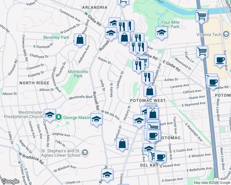 map of restaurants, bars, coffee shops, grocery stores, and more near 2926 Landover Street in Alexandria