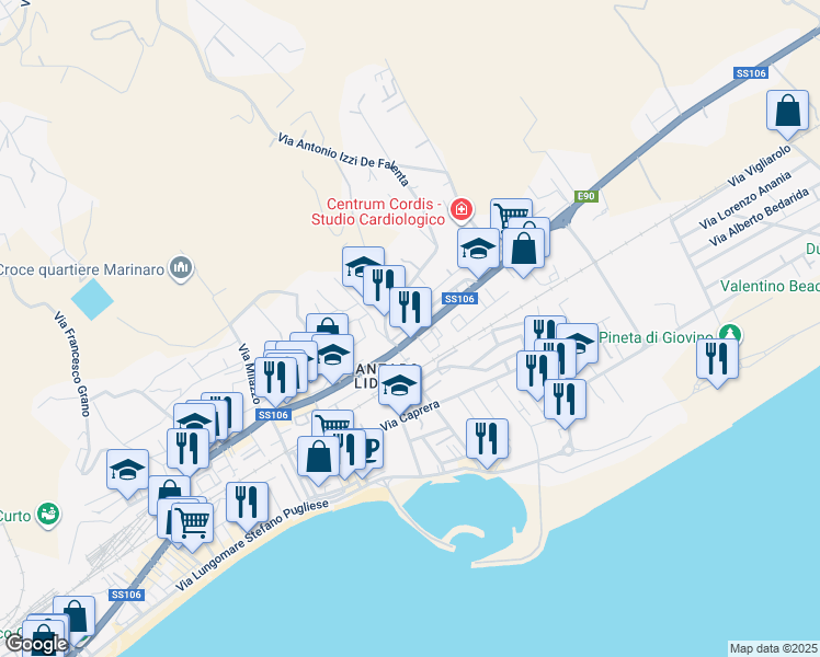 map of restaurants, bars, coffee shops, grocery stores, and more near 155 Viale Crotone in Catanzaro