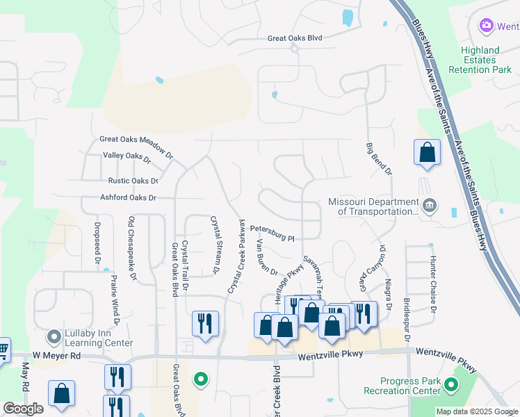 map of restaurants, bars, coffee shops, grocery stores, and more near 720 Chancellorsville Drive in Wentzville