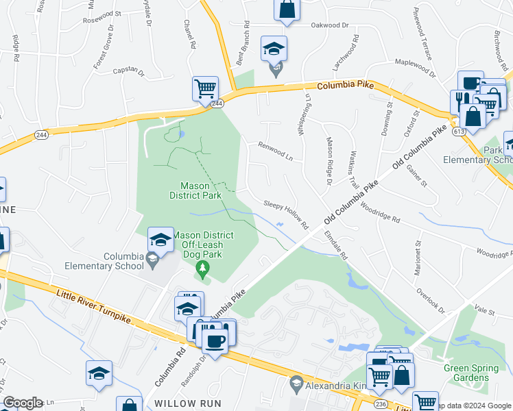 map of restaurants, bars, coffee shops, grocery stores, and more near 4206 Sleepy Hollow Road in Annandale