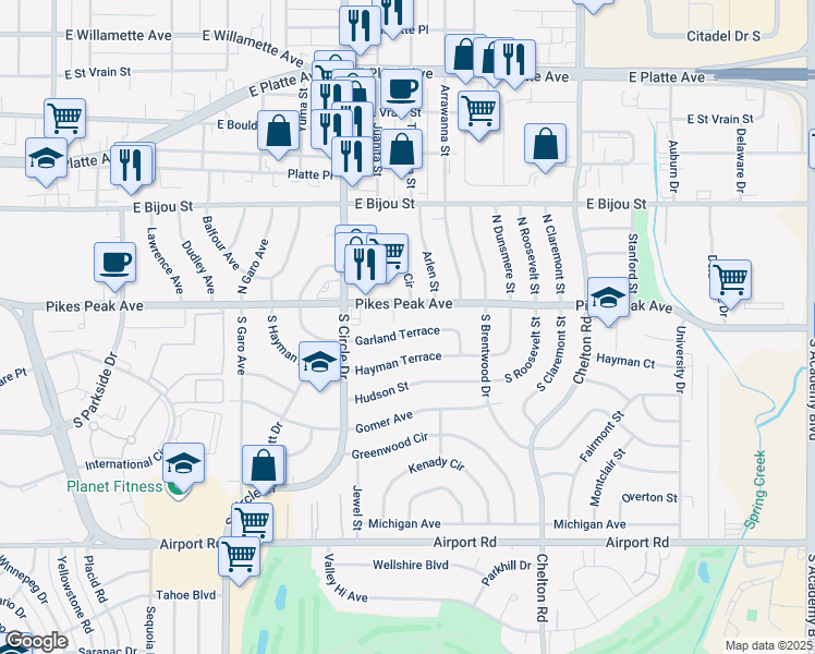 map of restaurants, bars, coffee shops, grocery stores, and more near 2914 Garland Terrace in Colorado Springs