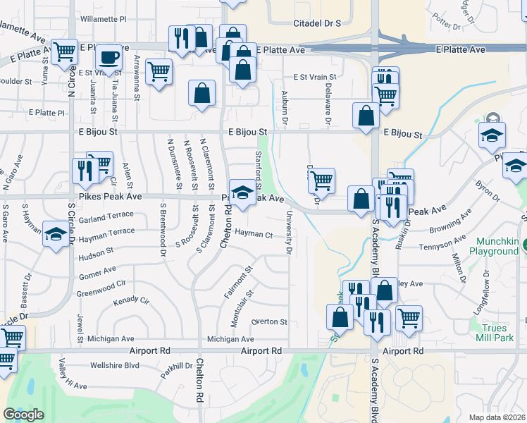 map of restaurants, bars, coffee shops, grocery stores, and more near 3630 Garland Court in Colorado Springs