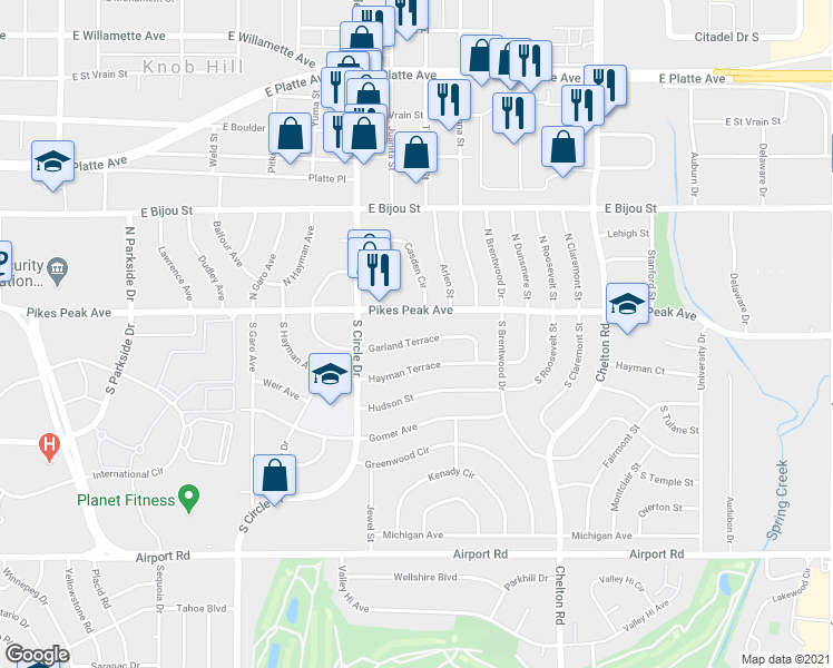 map of restaurants, bars, coffee shops, grocery stores, and more near 2914 Garland Terrace in Colorado Springs