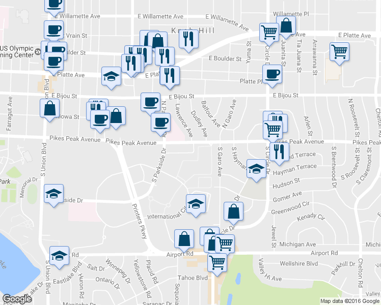 map of restaurants, bars, coffee shops, grocery stores, and more near 2495 East Pikes Peak Avenue in Colorado Springs