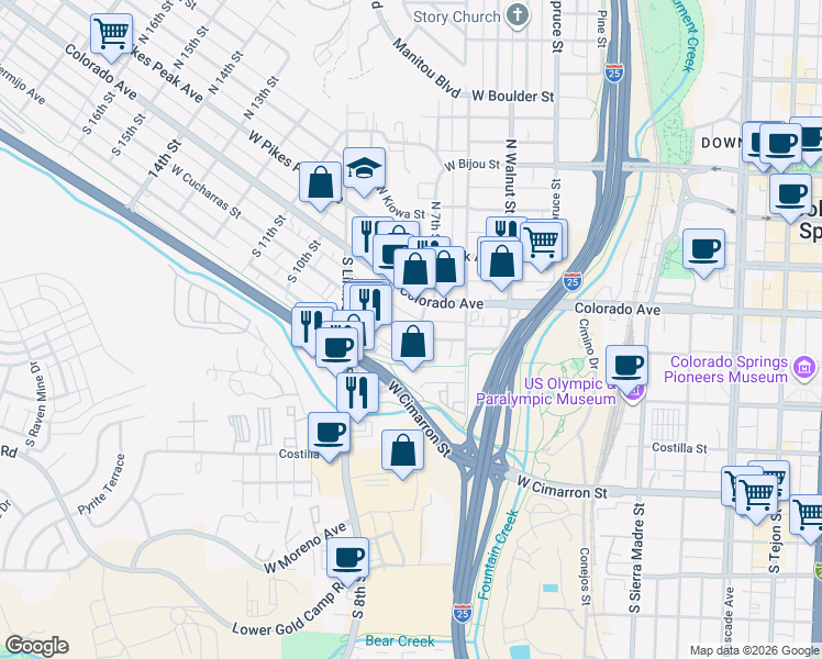 map of restaurants, bars, coffee shops, grocery stores, and more near 704 West Cucharras Street in Colorado Springs