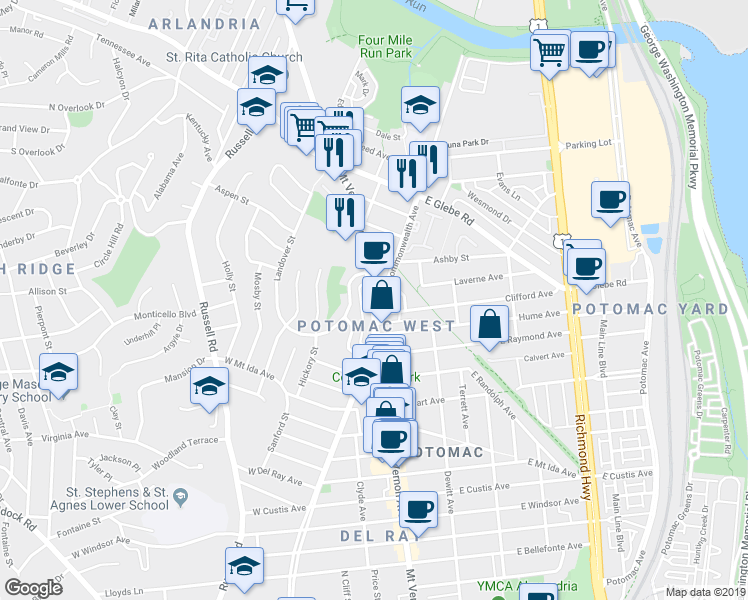 map of restaurants, bars, coffee shops, grocery stores, and more near 3010 Commonwealth Avenue in Alexandria