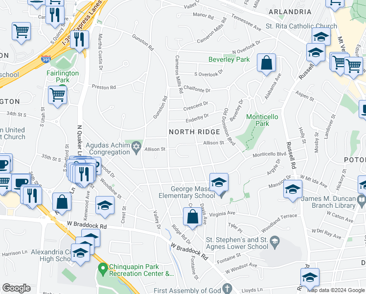 map of restaurants, bars, coffee shops, grocery stores, and more near 908 Allison Street in Alexandria