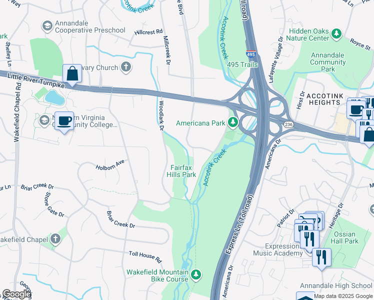 map of restaurants, bars, coffee shops, grocery stores, and more near 4208 Pineridge Drive in Annandale