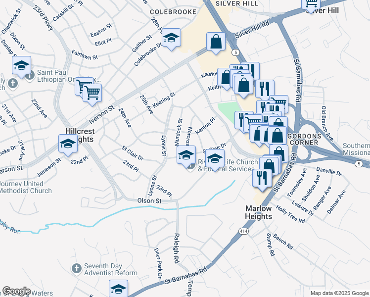 map of restaurants, bars, coffee shops, grocery stores, and more near 4111 Norcross Street in Temple Hills