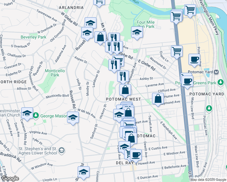 map of restaurants, bars, coffee shops, grocery stores, and more near 43 Kennedy Street in Alexandria