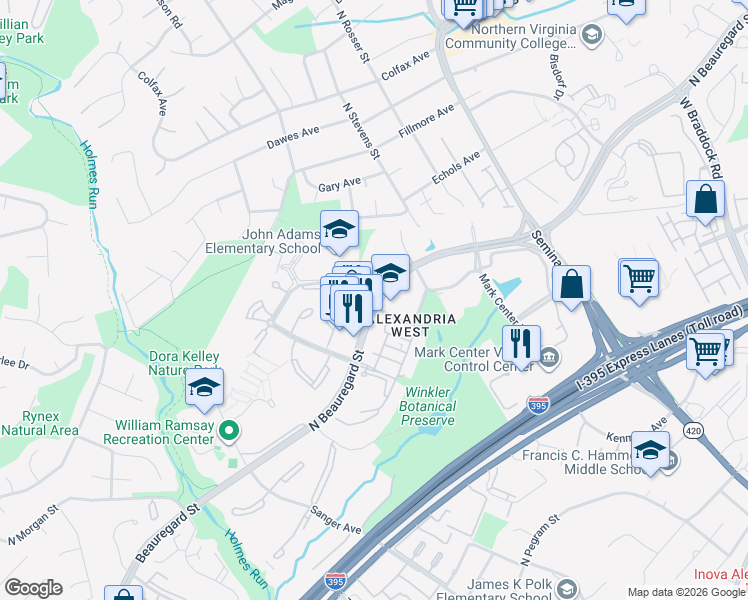 map of restaurants, bars, coffee shops, grocery stores, and more near 1500 North Beauregard Street in Alexandria