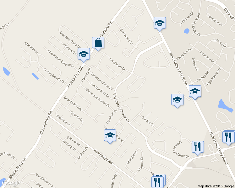 map of restaurants, bars, coffee shops, grocery stores, and more near 3130 Greenway Chase Drive in Florissant