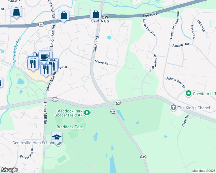map of restaurants, bars, coffee shops, grocery stores, and more near 13208 Kilby Landing Court in Clifton