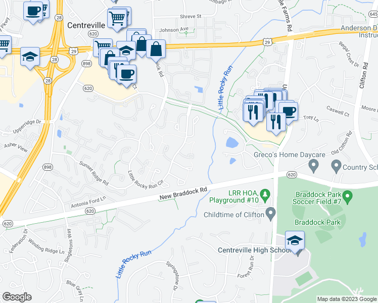 map of restaurants, bars, coffee shops, grocery stores, and more near 13642 Forest Pond Court in Centreville