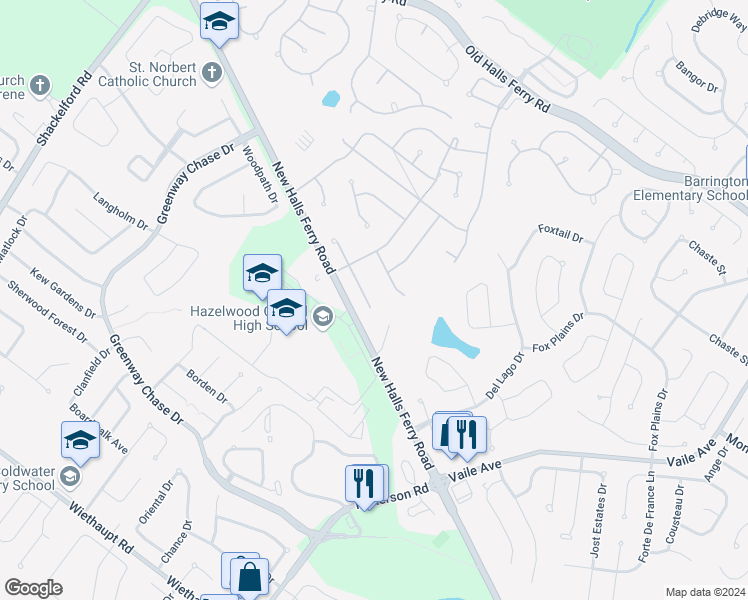 map of restaurants, bars, coffee shops, grocery stores, and more near 920 Justice Court in Florissant