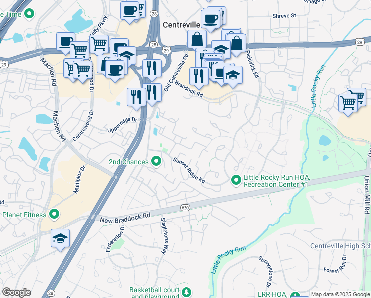 map of restaurants, bars, coffee shops, grocery stores, and more near 13929 Gothic Drive in Centreville