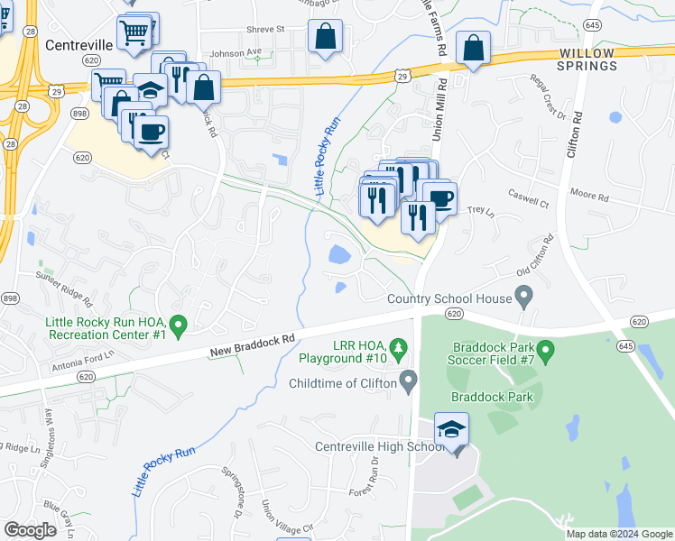 map of restaurants, bars, coffee shops, grocery stores, and more near 5837 Orchard Hill Lane in Clifton