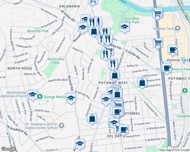 map of restaurants, bars, coffee shops, grocery stores, and more near 2929 Sycamore Street in Alexandria