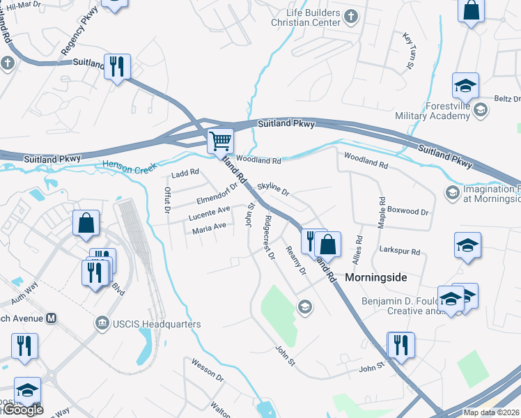 map of restaurants, bars, coffee shops, grocery stores, and more near 6225 Suitland Road in Camp Springs