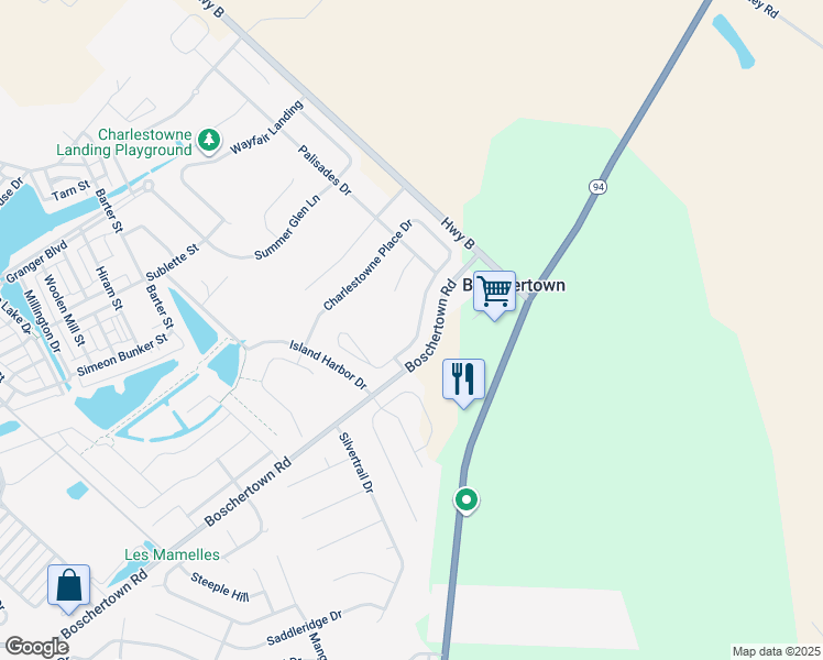 map of restaurants, bars, coffee shops, grocery stores, and more near 215 Charlestowne Place Drive in Saint Charles
