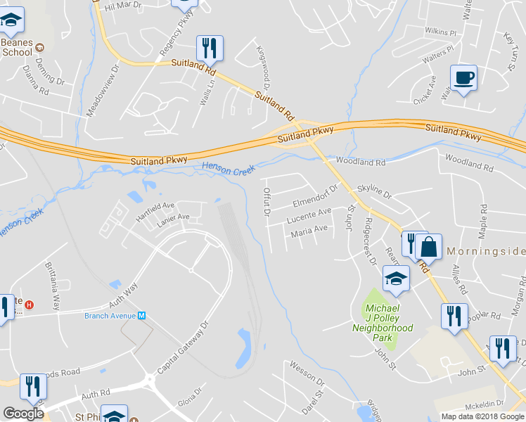 map of restaurants, bars, coffee shops, grocery stores, and more near 4201 Offut Drive in Camp Springs