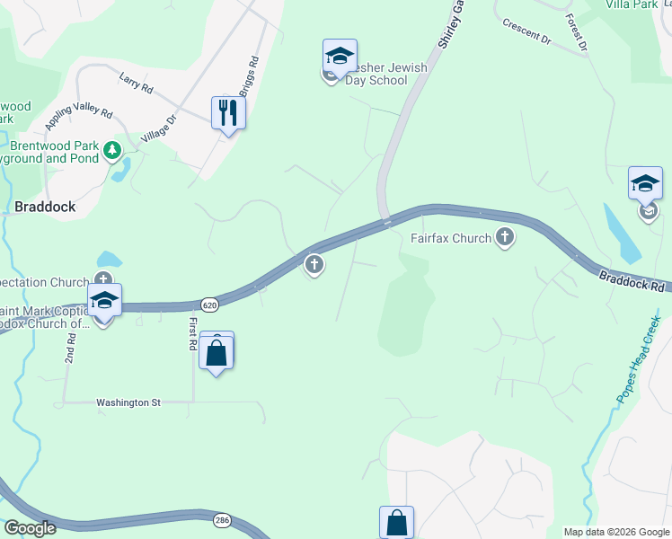 map of restaurants, bars, coffee shops, grocery stores, and more near 11601 Braddock Road in Fairfax