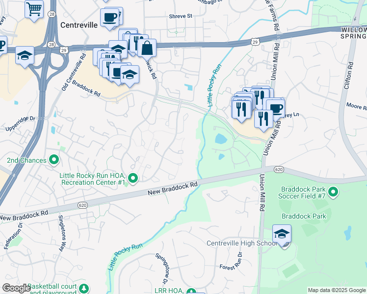 map of restaurants, bars, coffee shops, grocery stores, and more near 13632 Forest Pond Court in Centreville