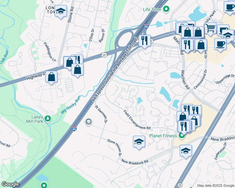 map of restaurants, bars, coffee shops, grocery stores, and more near 6344 Field Flower Trail in Centreville