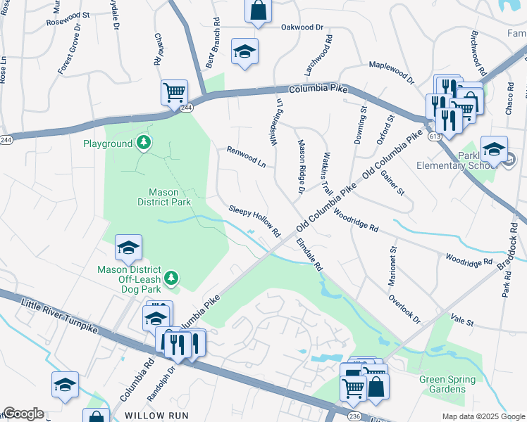 map of restaurants, bars, coffee shops, grocery stores, and more near 4219 Sleepy Hollow Road in Annandale