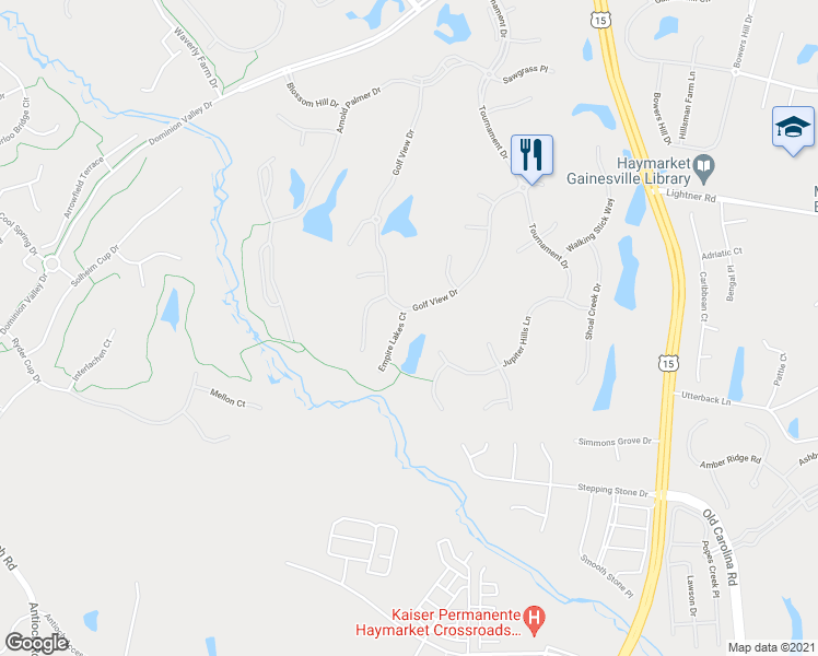 map of restaurants, bars, coffee shops, grocery stores, and more near 6005 Empire Lakes Court in Haymarket