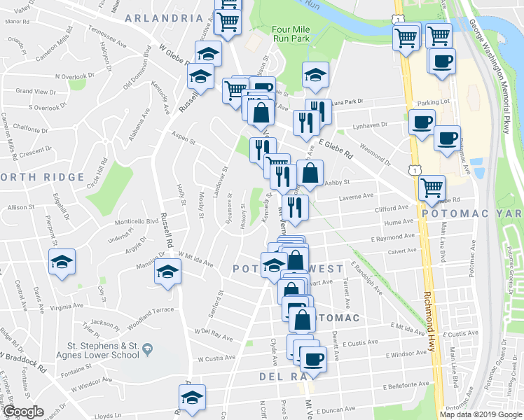 map of restaurants, bars, coffee shops, grocery stores, and more near 41 Kennedy Street in Alexandria