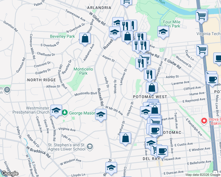 map of restaurants, bars, coffee shops, grocery stores, and more near 2901 Holly Street in Alexandria