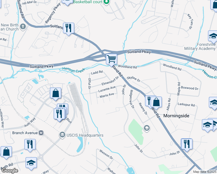 map of restaurants, bars, coffee shops, grocery stores, and more near 6022 Lucente Avenue in Camp Springs