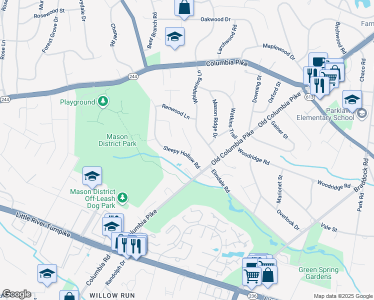 map of restaurants, bars, coffee shops, grocery stores, and more near 4219 Sleepy Hollow Road in Annandale