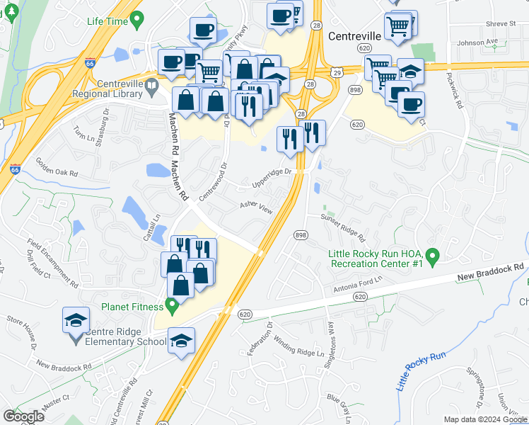 map of restaurants, bars, coffee shops, grocery stores, and more near 14117 Asher View in Centreville