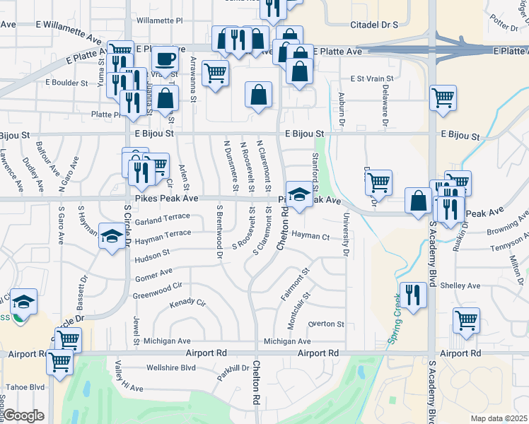 map of restaurants, bars, coffee shops, grocery stores, and more near 10 South Claremont Street in Colorado Springs
