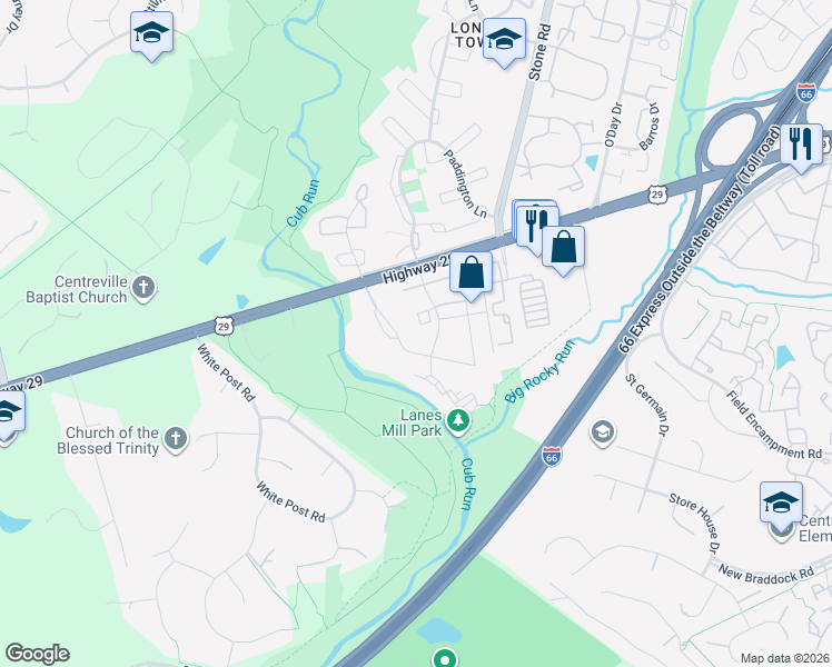 map of restaurants, bars, coffee shops, grocery stores, and more near 14840 Edman Circle in Centreville
