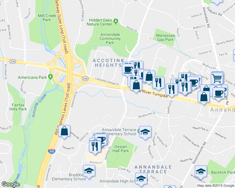 map of restaurants, bars, coffee shops, grocery stores, and more near 4203 Americana Drive in Annandale