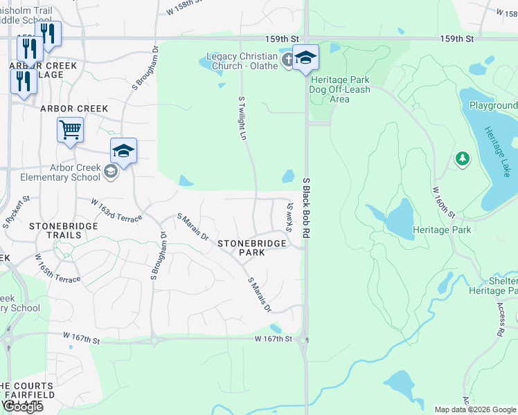 map of restaurants, bars, coffee shops, grocery stores, and more near 16335 South Twilight Lane in Olathe