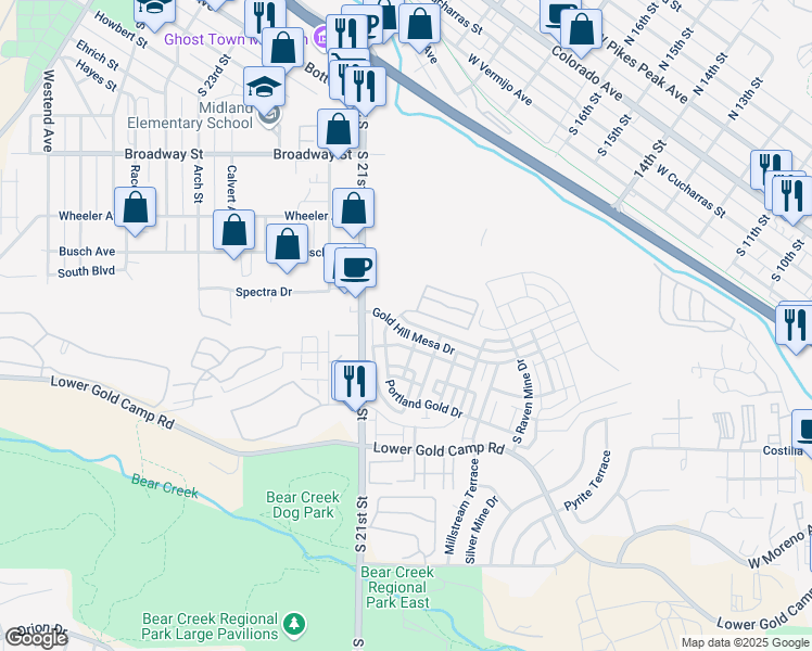 map of restaurants, bars, coffee shops, grocery stores, and more near 1618 Gold Hill Mesa Drive in Colorado Springs