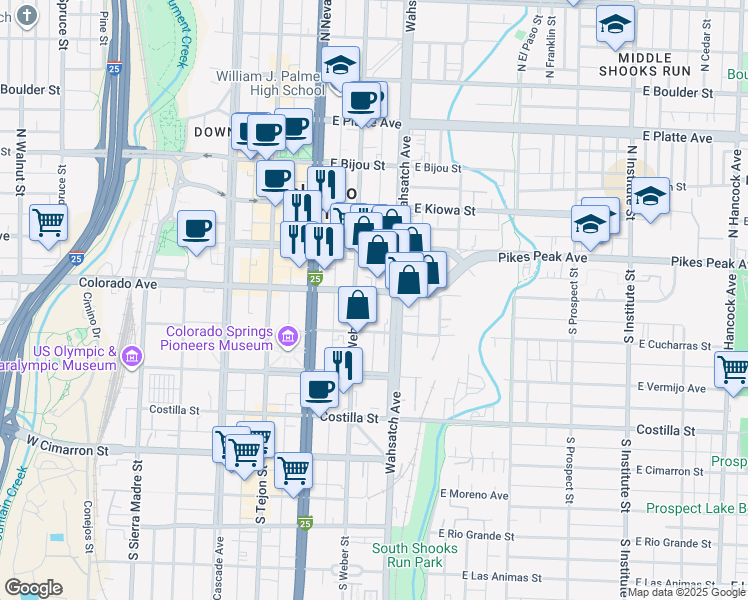 map of restaurants, bars, coffee shops, grocery stores, and more near 333 East Colorado Avenue in Colorado Springs