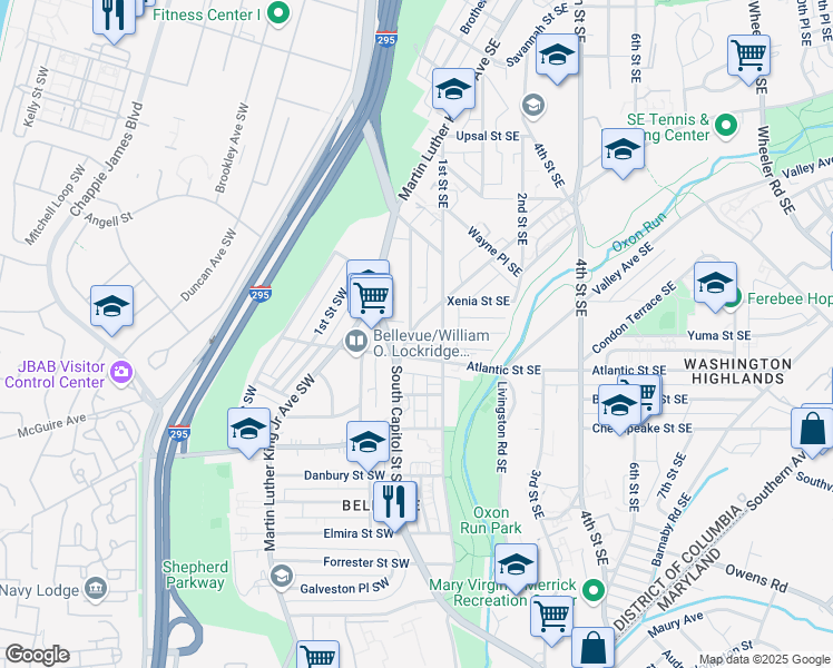 map of restaurants, bars, coffee shops, grocery stores, and more near 21 Mississippi Avenue Southeast in Washington