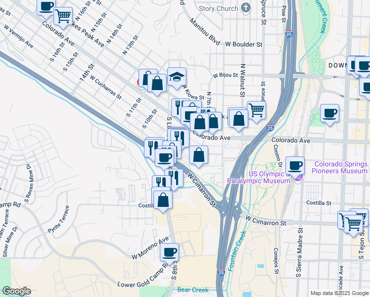 map of restaurants, bars, coffee shops, grocery stores, and more near 735 West Cucharras Street in Colorado Springs