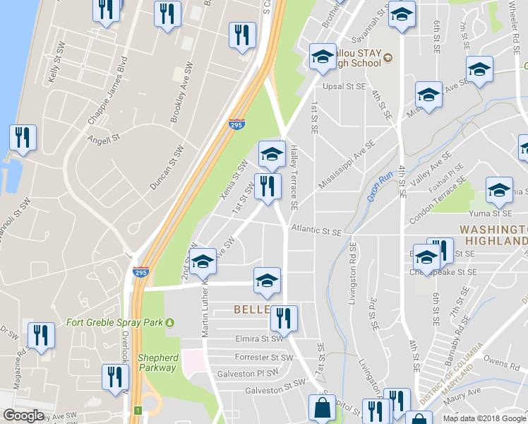 map of restaurants, bars, coffee shops, grocery stores, and more near 3956 Martin Luther King Jr Ave SW in Washington