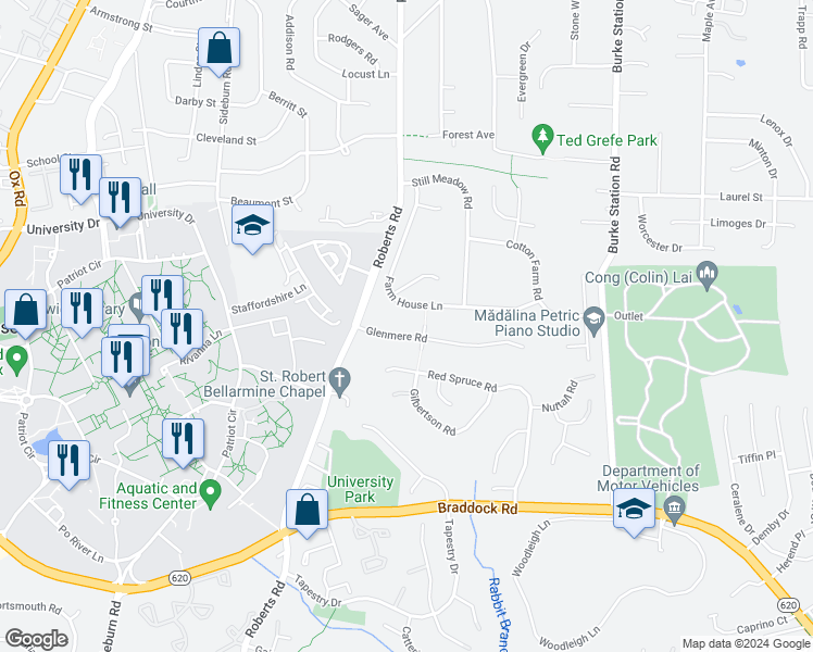 map of restaurants, bars, coffee shops, grocery stores, and more near 10120 Glenmere Road in Fairfax