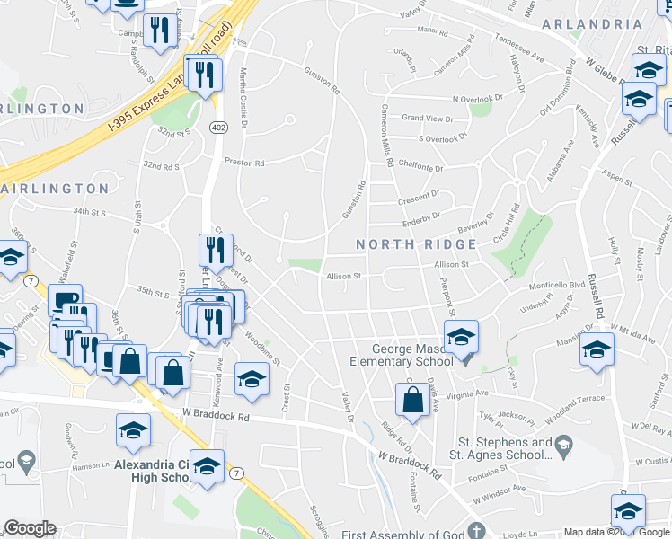 map of restaurants, bars, coffee shops, grocery stores, and more near 1109 Allison Street in Alexandria