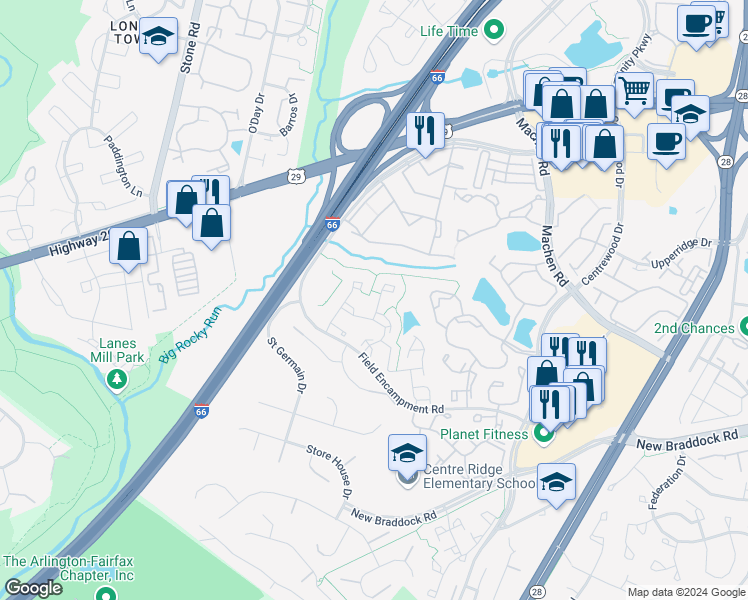 map of restaurants, bars, coffee shops, grocery stores, and more near 6276 Clay Pipe Court in Centreville