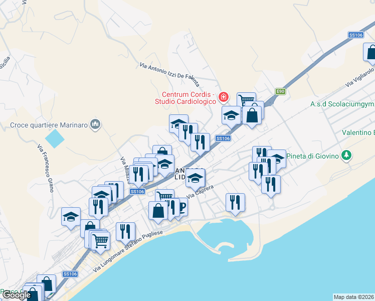 map of restaurants, bars, coffee shops, grocery stores, and more near 145 Viale Crotone in Catanzaro