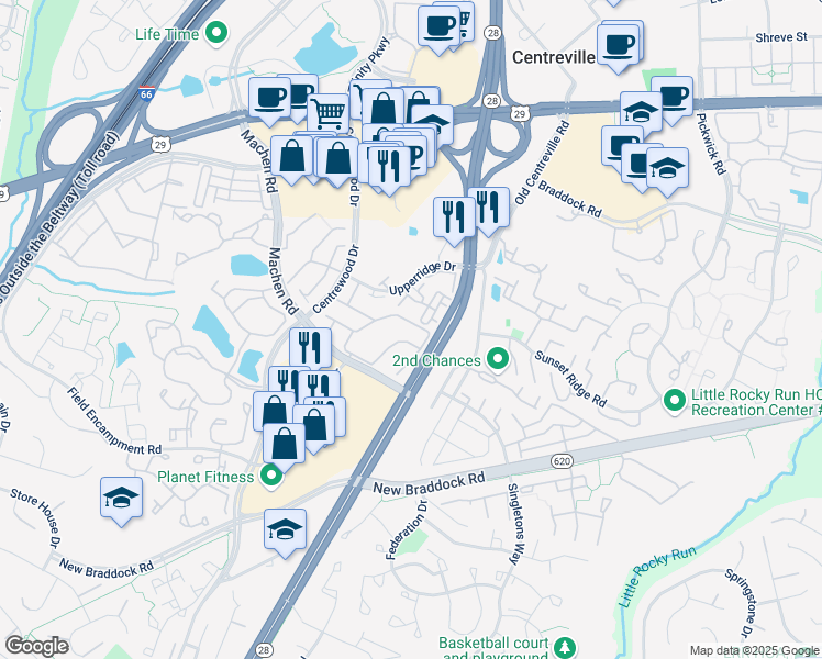 map of restaurants, bars, coffee shops, grocery stores, and more near 14121 Asher View in Centreville