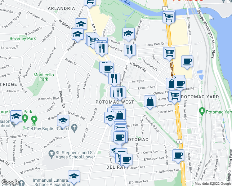 map of restaurants, bars, coffee shops, grocery stores, and more near 3010 Commonwealth Avenue in Alexandria